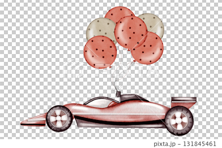 Race car watercolor illustration. Race car in pastel colors with balloons on a white background. Ideal for children's textiles, stickers and baby shower design for boys 131845461