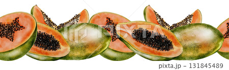 Papaya watercolor seamless border. Hand drawn ripe tropical fruit on white background. Ideal for cosmetics and product packaging Papaya watercolor seamless border. Hand drawn ripe tropical fruit on white background. Ideal for cosmetics and product packaging 131845489