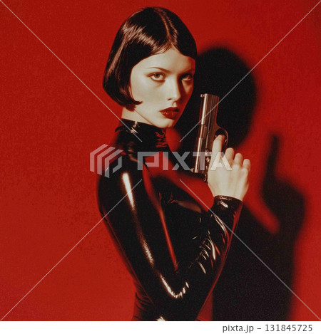 赤い背景に立つ女性ポートレート｜シネマティックな光とレトロ風モード感あふれるアクションアートイメージ 131845725