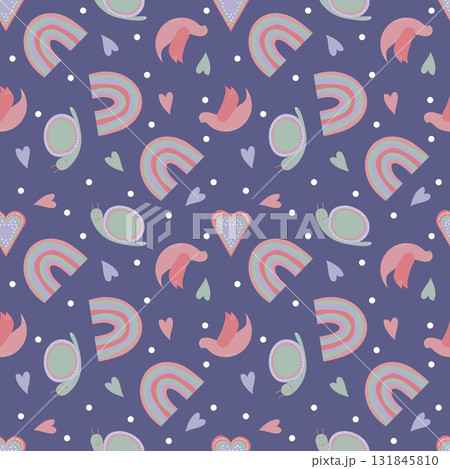 cute seamless pattern with snails, birds, hearts and rainbows cute seamless pattern with snails, birds, hearts and rainbows 131845810