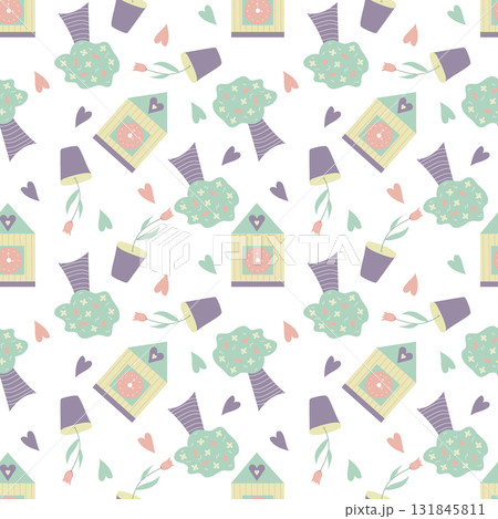 cute seamless pattern with trees, houses and flowers 131845811