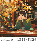 Relax and listen to lo-fi hip hop at a cafe surrounded by autumn leaves. Anime girl listening to music on her headphones, good for lo-fi music background. 131845829