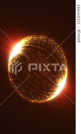 Radiant golden sphere made of glowing particles and light rays, symbolizing cosmic energy, power, and futuristic technology 131845993