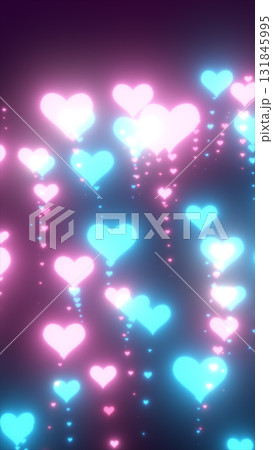 Glowing neon pink and blue hearts floating in a dreamy digital background of light and love Glowing neon pink and blue hearts floating in a dreamy digital background of light and love 131845995