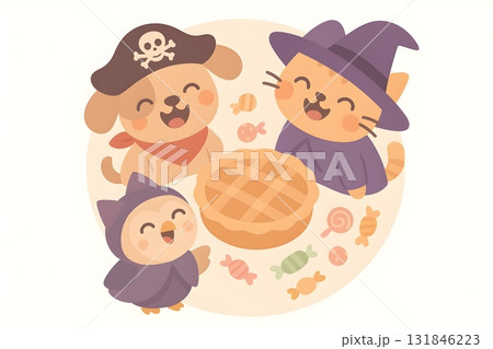Adorable Halloween scene with pirate puppy, witch cat, and baby owl laughing around a lattice pie Adorable Halloween scene with pirate puppy, witch cat, and baby owl laughing around a lattice pie 131846223