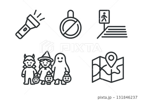 Halloween safety line icons flashlight, prohibition sign, crosswalk, trick-or-treat children with pumpkin buckets 131846237