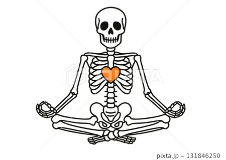 Skeleton meditating in lotus pose, minimalist line art with orange heart on chest, calm wellness Skeleton meditating in lotus pose, minimalist line art with orange heart on chest, calm wellness 131846250