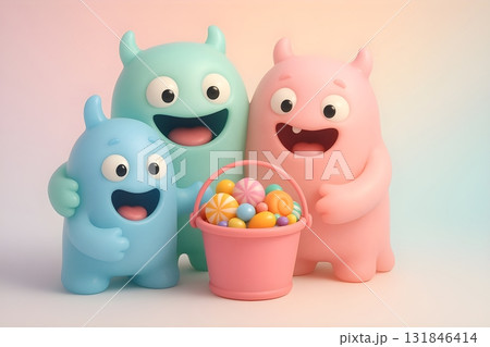 Three cute pastel monsters hug around a pink bucket of colorful candies Three cute pastel monsters hug around a pink bucket of colorful candies 131846414
