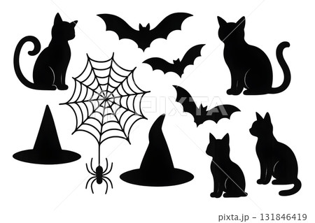 Set of black Halloween silhouettes: cats, bats, spider with web, and witch hats 131846419
