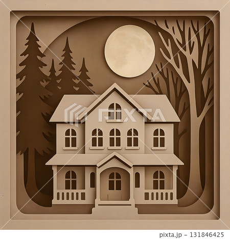 Layered papercut haunted house under a full moon, framed sepia scene with trees and bare branches 131846425