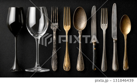 Elegant vintage cutlery and wine glasses arranged neatly on a black textured background, perfect for fine dining, restaurant decor, or holiday table setting inspiration 131846439