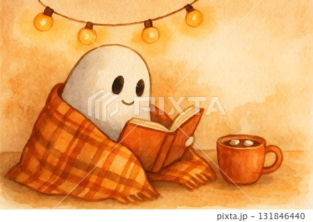 Watercolor cozy ghost wrapped in plaid blanket, reading a book beside a steaming mug of cocoa. 131846440