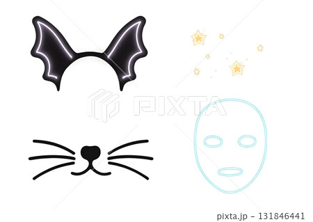 Set of AR overlay elements: black bat ear headband, cat nose with whiskers, gold stars 131846441