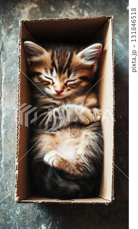 A peaceful, content kitten curled up in the corner of an empty box, its fluffy fur creating a contrast with the simple cardboard, capturing a tranquil, cozy moment of solitude A peaceful, content kitten curled up in the corner of an empty box, its fluffy fur creating a contrast with the simple cardboard, capturing a tranquil, cozy moment of solitude 131846518