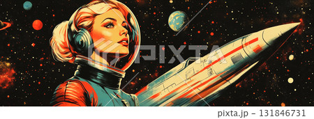 A heroic woman in a futuristic space suit stands proudly beside a spaceship, embodying strength and courage against a cosmic backdrop of stars and planets in this empowering pin-up banner A heroic woman in a futuristic space suit stands proudly beside a spaceship, embodying strength and courage against a cosmic backdrop of stars and planets in this empowering pin-up banner 131846731