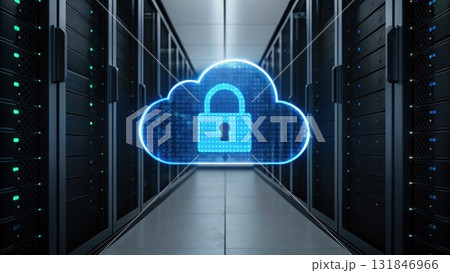 High security cloud data storage featuring encrypted server with lock symbolizing data protection 131846966