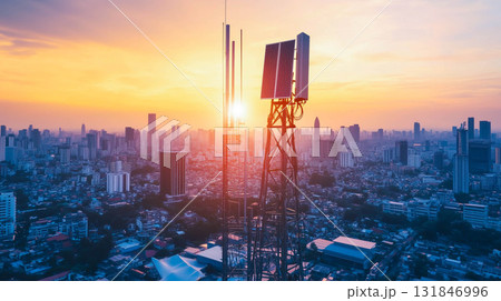 Modern solar cell antenna for 5G cellular network on city. 131846996