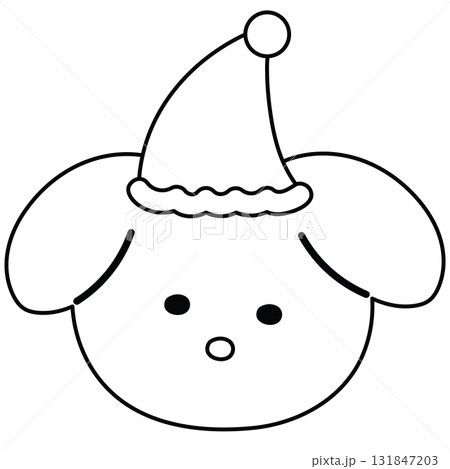Outline of puppy wearing hat for kid colouring book, art, sketch, Christmas, new year, festive winter season, dog cartoon, pet shop, vet, adopt and rescue animal, foster home, icon, sticker, tattoo 131847203