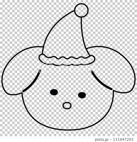 Outline of puppy wearing hat for kid colouring book, art, sketch, Christmas, new year, festive winter season, dog cartoon, pet shop, vet, adopt and rescue animal, foster home, icon, sticker, tattoo 131847203