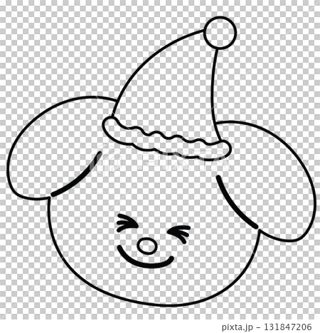 Outline of happy puppy wearing hat for kid colouring book, art, sketch, Christmas, new year, festive winter season, dog cartoon, pet shop, vet, adopt and rescue animal, foster home, sticker , tattoo 131847206