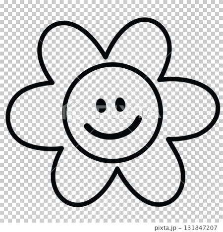 Happy flower outline for kid colouring book, environment, plants, tree, backyard, nature, garden, floral print, blossom, blooming, spring, summer, autumn, picnic, transparent background, cartoon 131847207