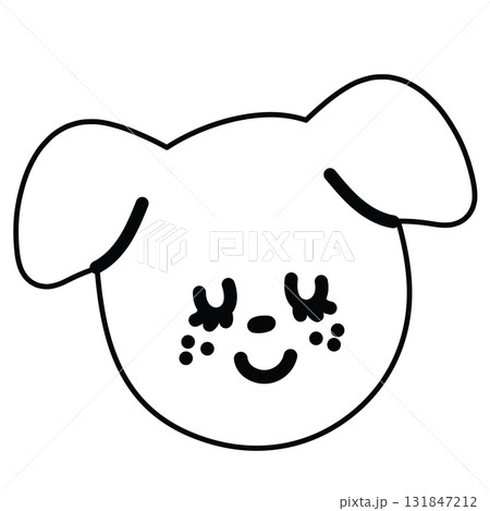 Outline of happy puppy wearing hat for kid colouring book, art, sketch, Christmas, new year, festive winter season, dog cartoon, pet shop, vet, adopt and rescue animal, foster home, stickers, tattoo 131847212
