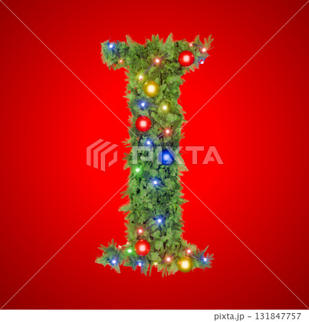 The letter I glows amidst Christmas lights on a red background The letter I glows amidst Christmas lights on a red background 131847757
