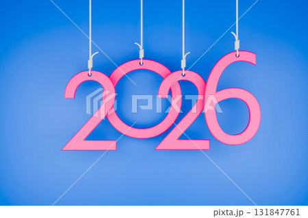 New Year numbers 2026 hanging on strings against a blue background New Year numbers 2026 hanging on strings against a blue background 131847761