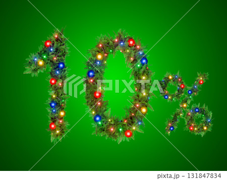 A festive 10 percent sign is formed by Christmas decorations A festive 10 percent sign is formed by Christmas decorations 131847834