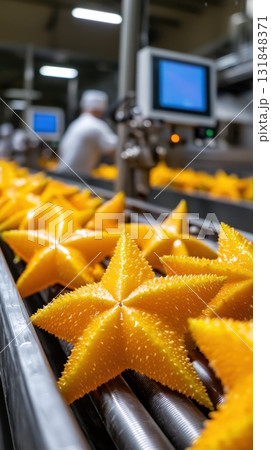 Carambola fruits moving on production line in automated food processing facility Carambola fruits moving on production line in automated food processing facility 131848371