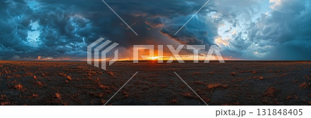 Dramatic cloudy sky over dry desert landscape with sunset light and distant rain Dramatic cloudy sky over dry desert landscape with sunset light and distant rain 131848405
