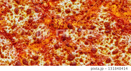 Freshly baked pizza background with melted cheese and sauce 131848414