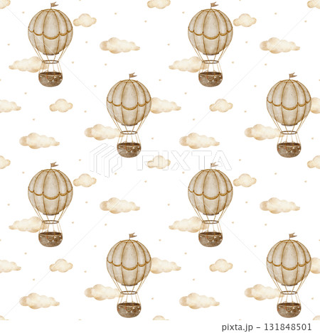 Seamless pattern beige balloons, clouds, stars. Hand drawn watercolor illustration in childish style. Print isolated from background for nursery design, fabric printing, wallpaper, textiles, clothing Seamless pattern beige balloons, clouds, stars. Hand drawn watercolor illustration in childish style. Print isolated from background for nursery design, fabric printing, wallpaper, textiles, clothing 131848501