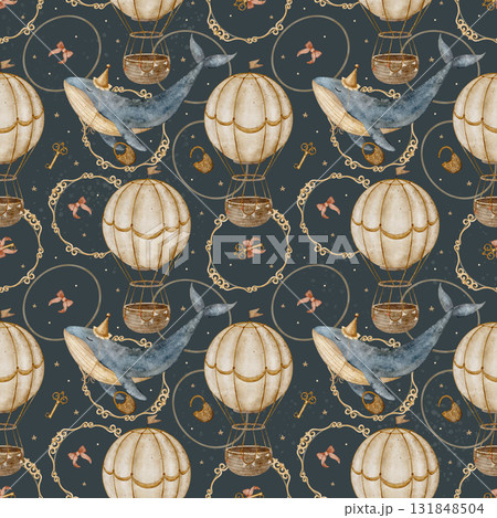 Watercolor pattern vintage blue whale, hot air balloon, frame, key, bow, lock. Hand-drawn illustration in childish style. Seamless print on dark blue background, suitable for clothing textile design Watercolor pattern vintage blue whale, hot air balloon, frame, key, bow, lock. Hand-drawn illustration in childish style. Seamless print on dark blue background, suitable for clothing textile design 131848504