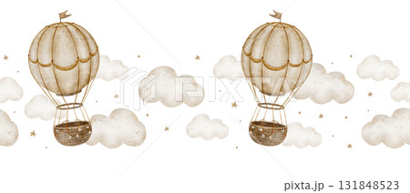 Vintage border hot air balloons flying, beige clouds. Seamless banner isolated. Hand-drawn watercolor illustration in childish retro style for nursery design wallpaper party birthdays packaging fabric 131848523