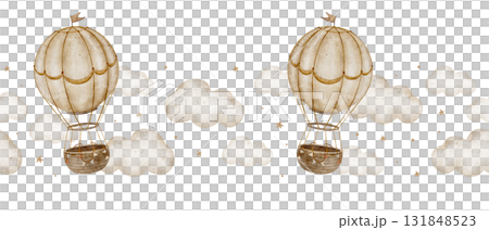 Vintage border hot air balloons flying, beige clouds. Seamless banner isolated. Hand-drawn watercolor illustration in childish retro style for nursery design wallpaper party birthdays packaging fabric 131848523