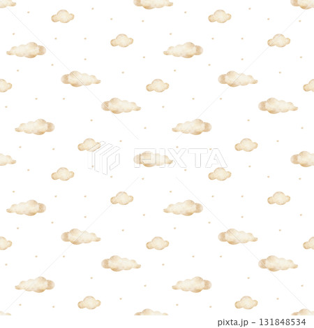 Children's pattern cute beige clouds among stars. Hand-drawn watercolor illustration in monochrome. Seamless print is isolated from background suitable for fabric, wallpaper, packaging, textiles Children's pattern cute beige clouds among stars. Hand-drawn watercolor illustration in monochrome. Seamless print is isolated from background suitable for fabric, wallpaper, packaging, textiles 131848534