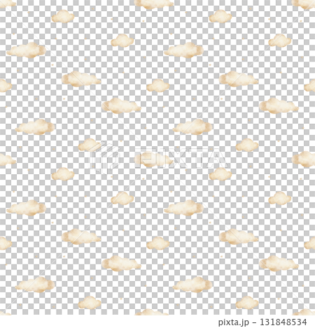 Children's pattern cute beige clouds among stars. Hand-drawn watercolor illustration in monochrome. Seamless print is isolated from background suitable for fabric, wallpaper, packaging, textiles Children's pattern cute beige clouds among stars. Hand-drawn watercolor illustration in monochrome. Seamless print is isolated from background suitable for fabric, wallpaper, packaging, textiles 131848534