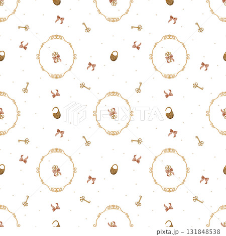 Pattern vintage frame flying keys, bows. Hand-drawn watercolor illustration in childish retro style. Seamless print is isolated from background for textile design, fabrics, clothes wallpaper packaging Pattern vintage frame flying keys, bows. Hand-drawn watercolor illustration in childish retro style. Seamless print is isolated from background for textile design, fabrics, clothes wallpaper packaging 131848538