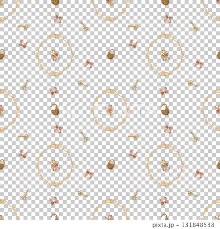 Pattern vintage frame flying keys, bows. Hand-drawn watercolor illustration in childish retro style. Seamless print is isolated from background for textile design, fabrics, clothes wallpaper packaging Pattern vintage frame flying keys, bows. Hand-drawn watercolor illustration in childish retro style. Seamless print is isolated from background for textile design, fabrics, clothes wallpaper packaging 131848538