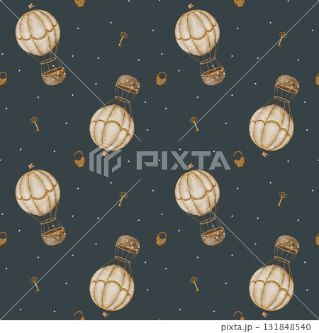 Pattern vintage hot air balloon, key, lock, starry adventure. Hand-drawn watercolor illustration in childish retro style. Seamless print on navy blue background for textile design, fabrics wallpaper 131848540