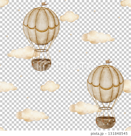 Seamless pattern beige balloons, clouds, stars. Hand drawn watercolor illustration in childish style. Print isolated from background for nursery design, fabric printing, wallpaper, textiles, clothing Seamless pattern beige balloons, clouds, stars. Hand drawn watercolor illustration in childish style. Print isolated from background for nursery design, fabric printing, wallpaper, textiles, clothing 131848545