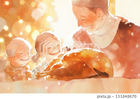 【AI】クリスマスツリーの光と、ターキーを囲む親子の笑顔 131848670