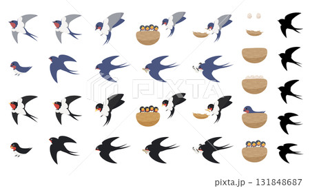 ツバメの色々なポーズと巣のイラスト素材セット 131848687