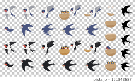 ツバメの色々なポーズと巣のイラスト素材セット 131848687