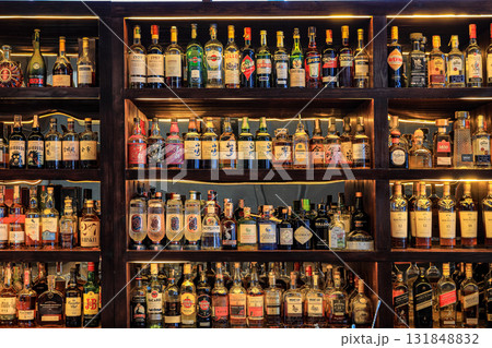 An assortment of high-class liquor in a luxury hotel bar. 131848832