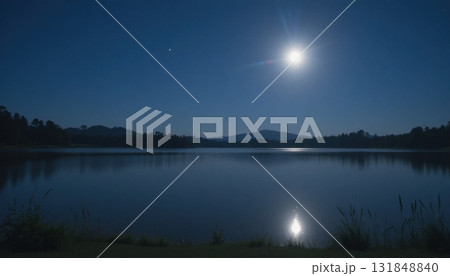 Moonlit Reflection on Calm Lake With Distant Mountains Under a Starry Night Sky Moonlit Reflection on Calm Lake With Distant Mountains Under a Starry Night Sky 131848840