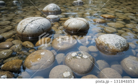Round Stones Create a Serene Landscape in Shallow Water at a Peaceful Riverbank 131848853
