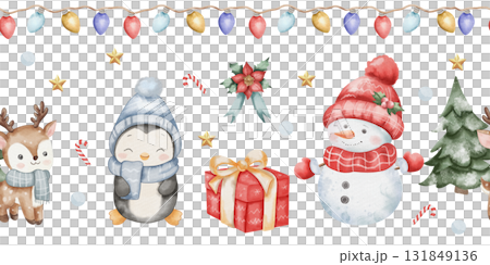 Seamless watercolor winter border with cute characters penguin, snowman in red hat, Christmas tree, golden star, gift, poinsettia, colorful light garland, white background in childlike festive style Seamless watercolor winter border with cute characters penguin, snowman in red hat, Christmas tree, golden star, gift, poinsettia, colorful light garland, white background in childlike festive style 131849136