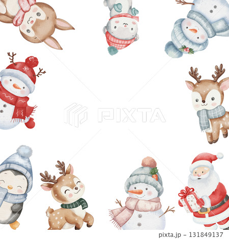Adorable square watercolor frame with Christmas characters - Santa, snowman, penguin, reindeer and bunny. Perfect for cards and invitations. Childish illustration with white background, copy space 131849137